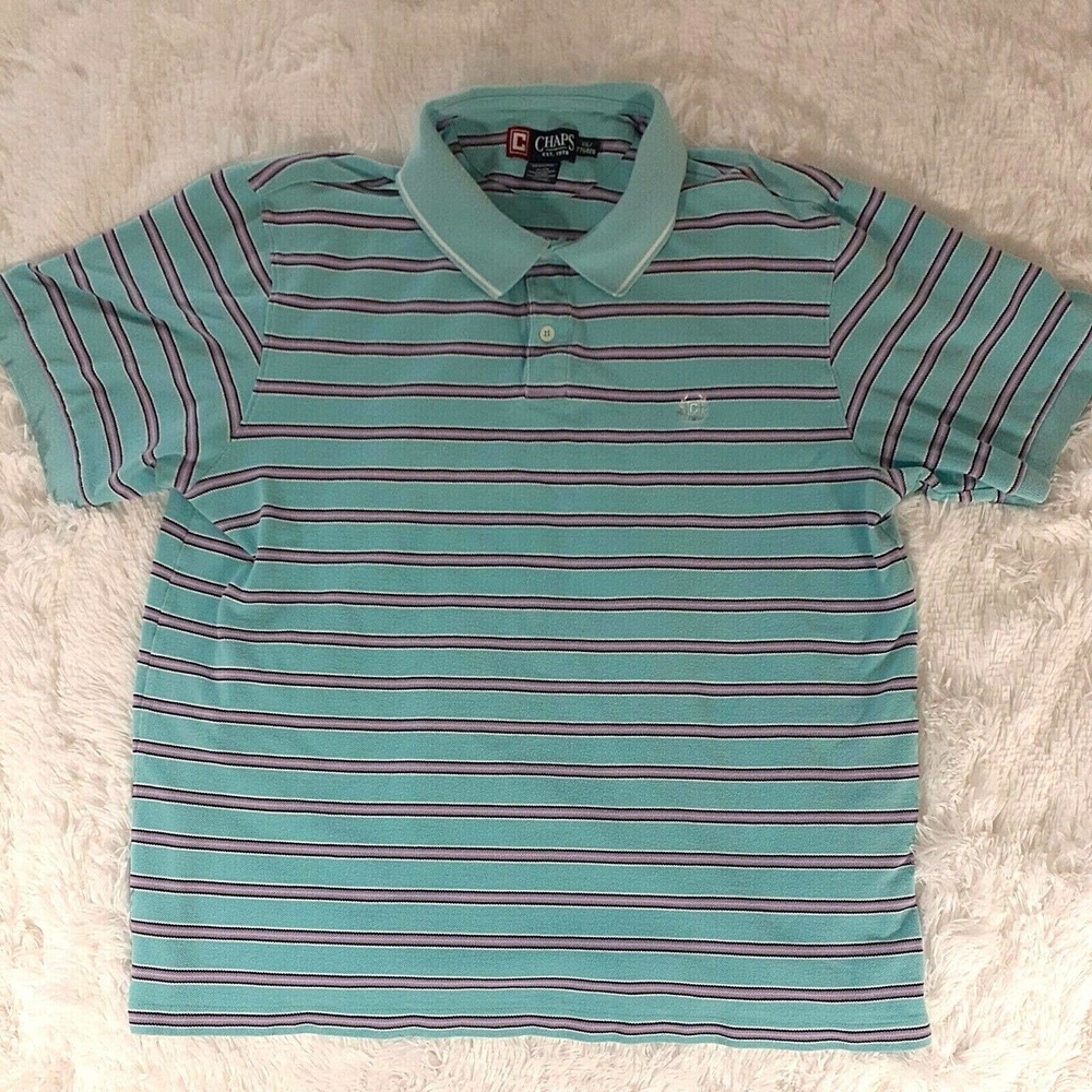 Chaps Polo Shirt Mens‎ XXL Blue Teal Striped Short Sleeve Collared Cotton